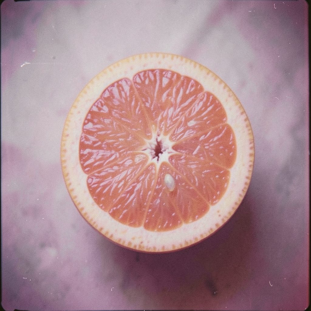 Soft pink grapefruit halves arranged on a muted background with moody, low-key lighting, an analog film photograph with visible grain.